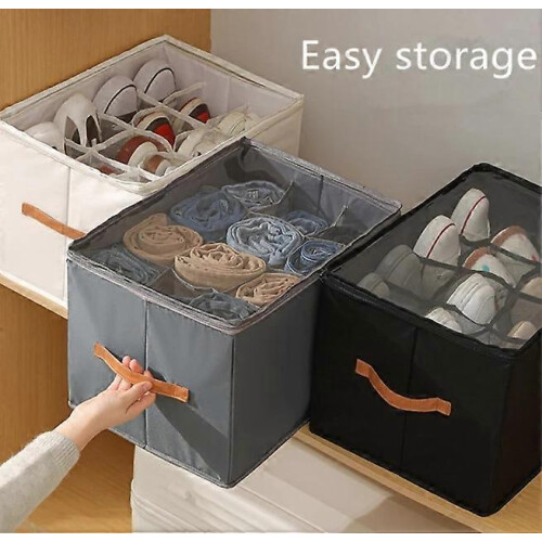 (Grey Black) Emboadlie Fabric Shoe Organizer Storage Box,Collapsible Shoe Storage Organizer 1