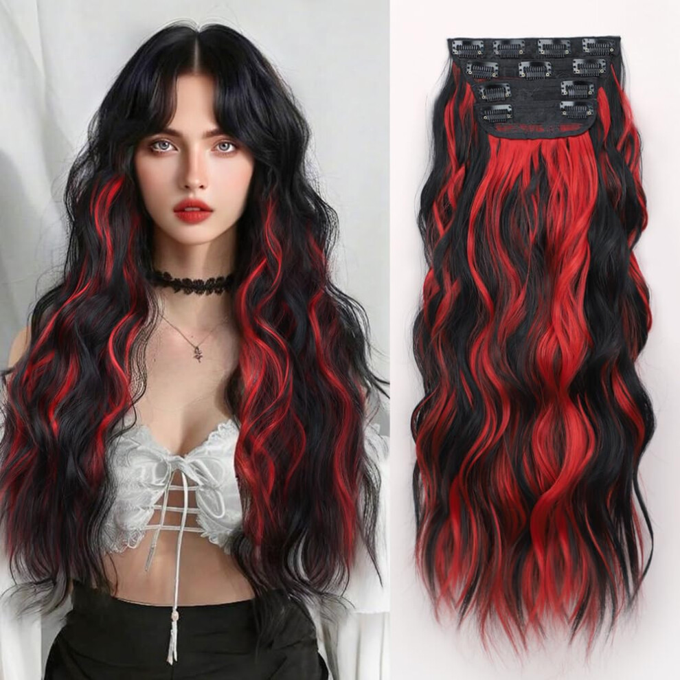 Clip in Long Wavy Hair Extensions 20 Inch Black Red Highlights Double Weft Thick Hairpieces for Women