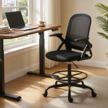 (Black) HOMCOM Mesh Painting Chair, Rolling Desk Chair with Flip-up Armrests