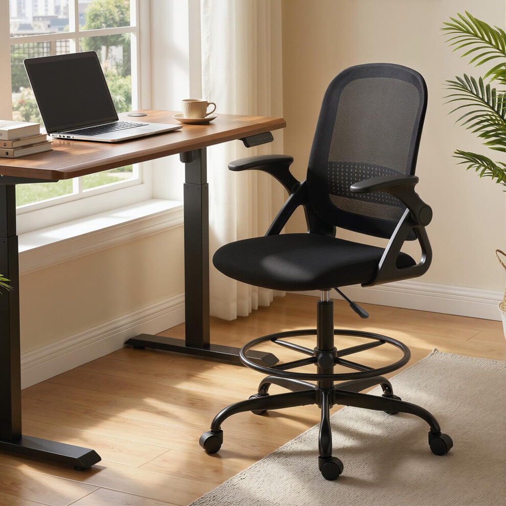 Homcom (Black) Mesh Painting Chair, Rolling Desk Chair With Flip-Up Armrests