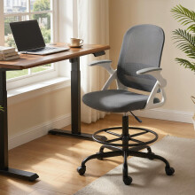 (Grey) HOMCOM Mesh Painting Chair, Rolling Desk Chair with Flip-up Armrests