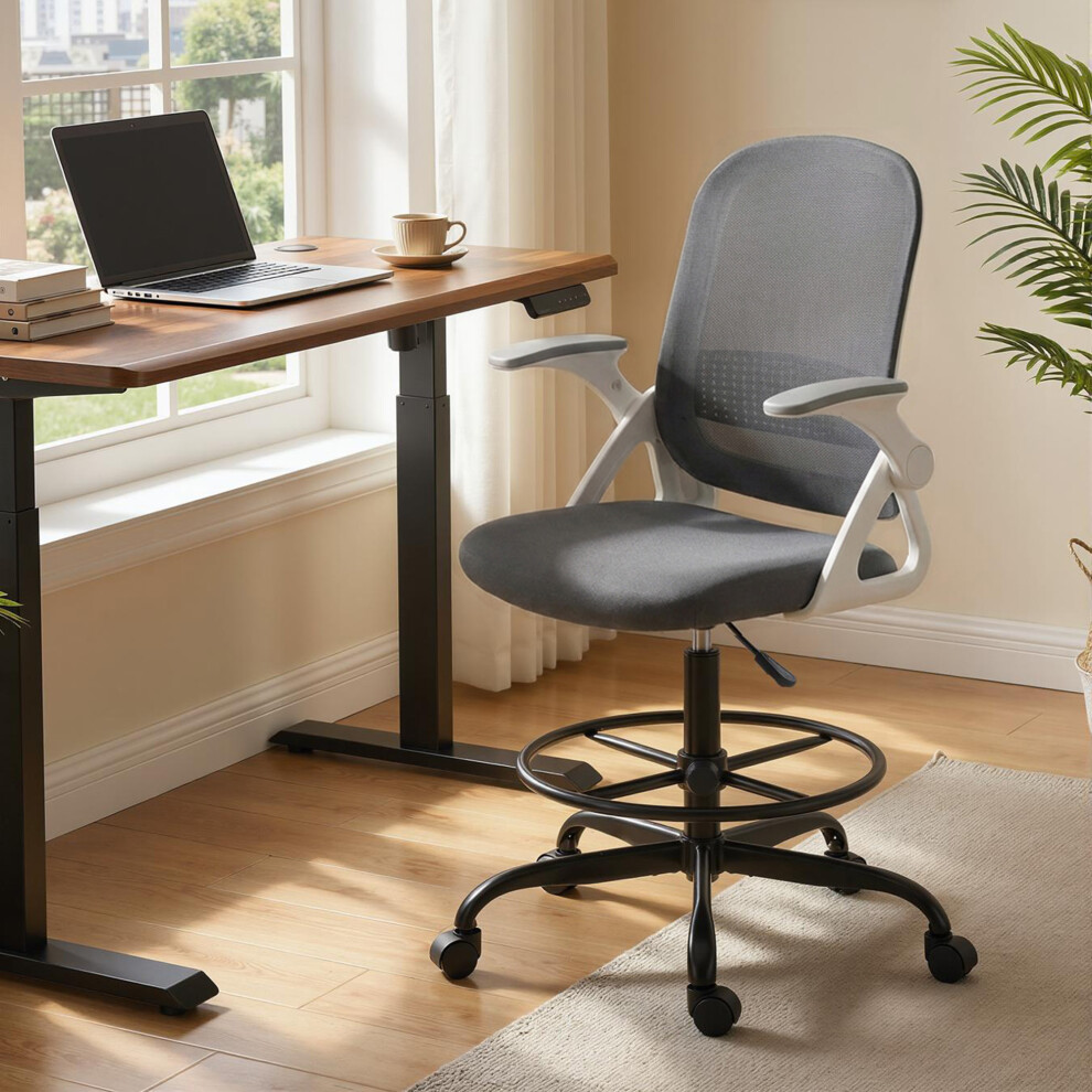 Homcom (Grey) Mesh Painting Chair, Rolling Desk Chair With Flip-Up Armrests