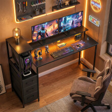 (Black) HOMCOM 147cm Gaming Desk with Charging Station and RGB Lights