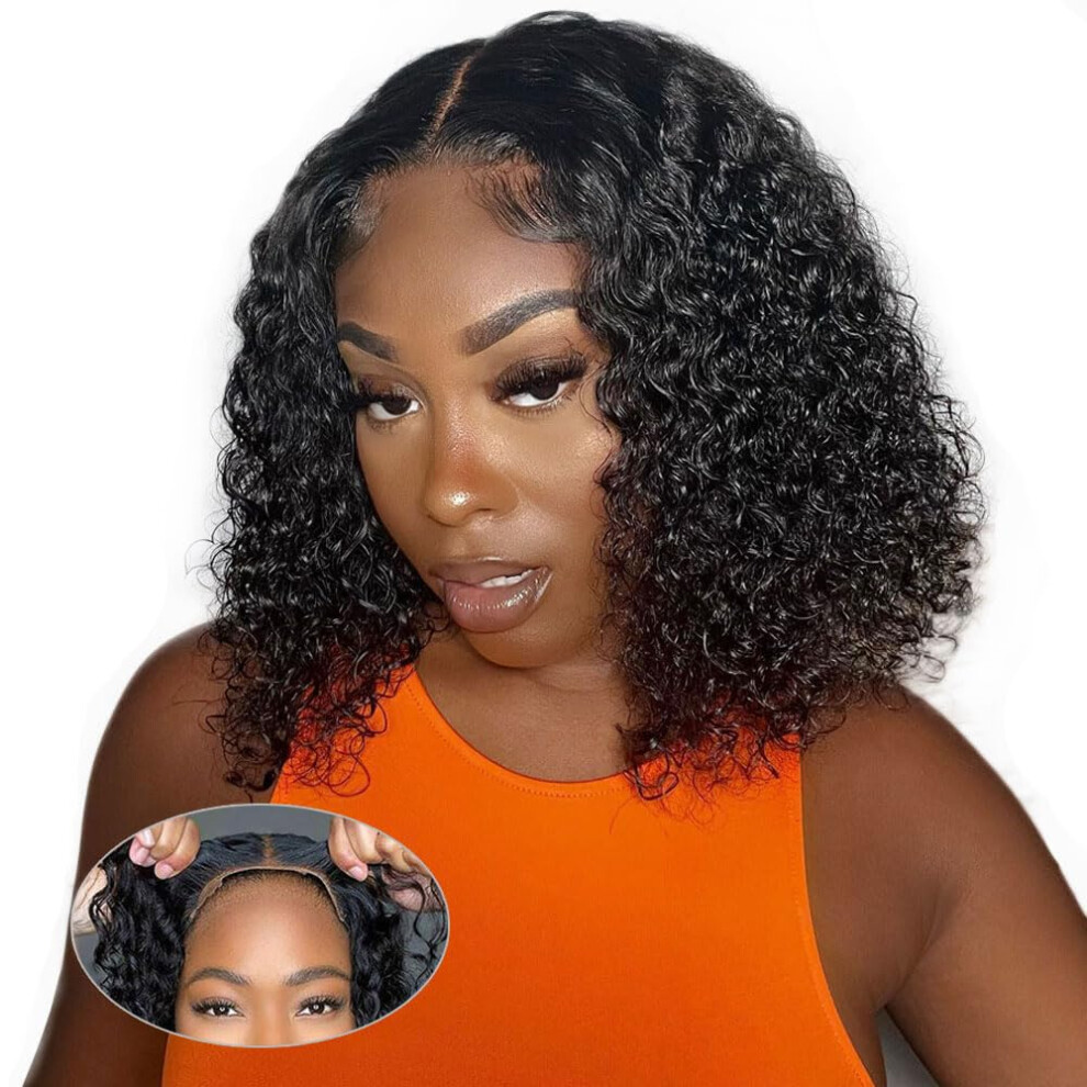 Unisex Black 12 Inch Glueless Curly Bob Wig 100% Brazilian Human Hair Pre Plucked 4X4 Closure Natural