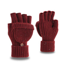 (Burgundy sequins)Winter Fingerless Gloves for Women Men Half & Full Glitter Knitted Mittens Thumb