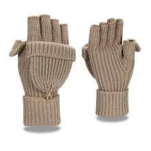 (Khaki thumb tab) Winter Fingerless Gloves for Women Men Half & Full Glitter Knitted Mittens Thumb