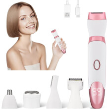 Women's Electric Razor and Bikini Trimmer, 5in1 Rechargeable Shaver with LED for Painless Hair Removal on Face, Arms, Legs, Bikini (Pink)