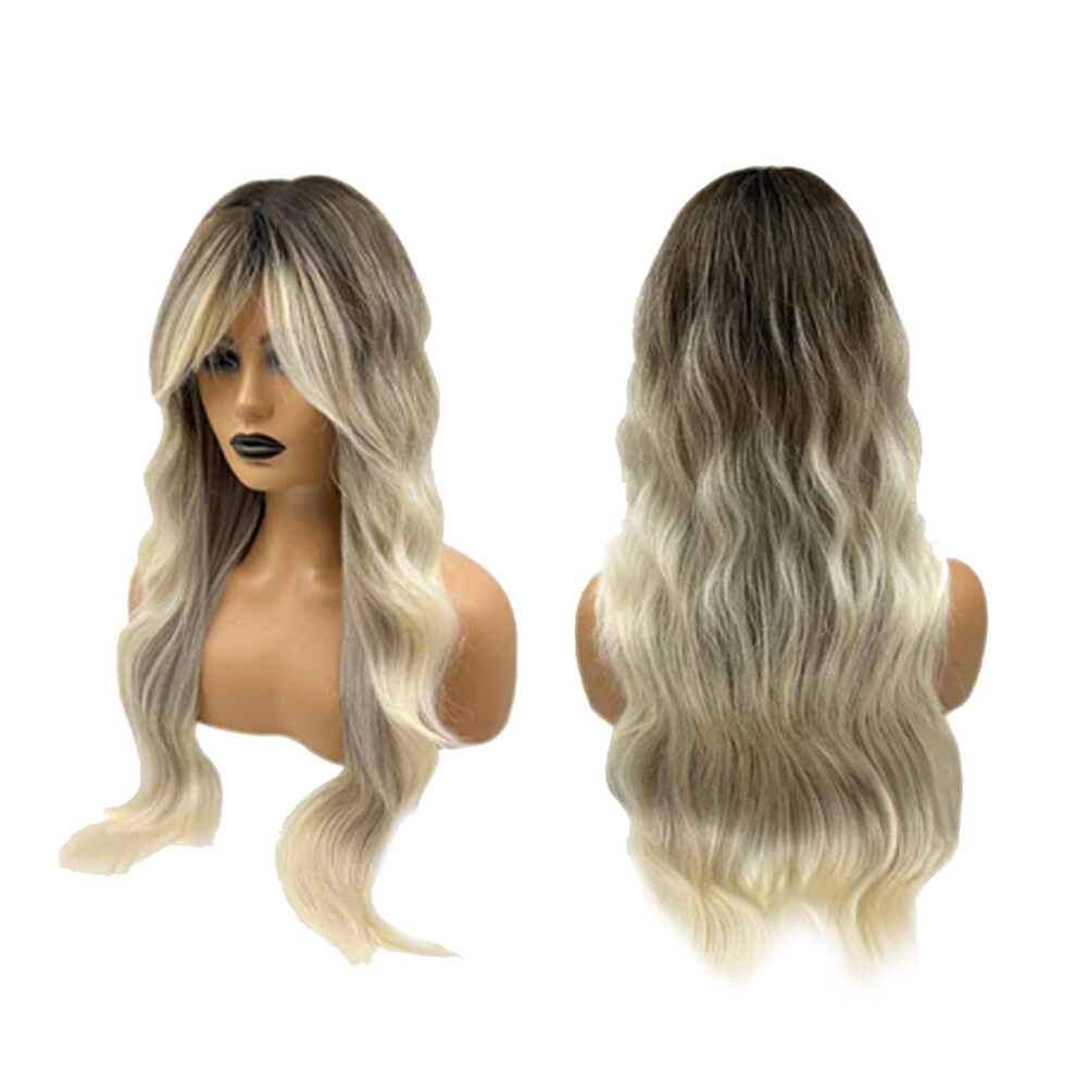 Unisex Dark Blonde Synthetic Wig Long Body Wave With Layered Bangs Root Natural Silktouch Glueless