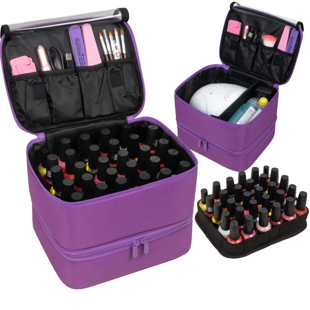 Light/Purple Nail Polish Organizer Case For 60 Bottles, Double Layer Storage Bag With Adjustable Dividers,