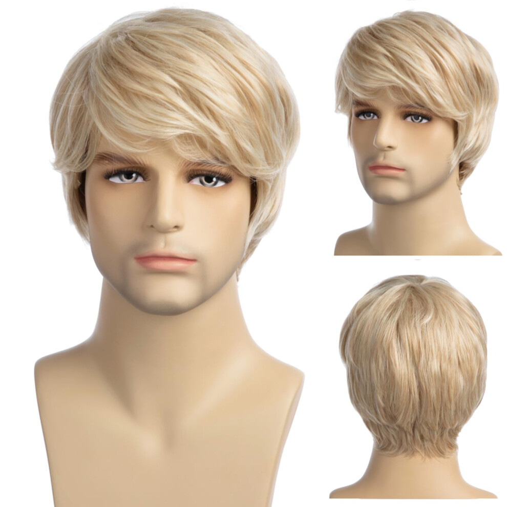 Mens Blonde Wig Heat Resistant Synthetic Short Layered Hair for Cosplay Halloween