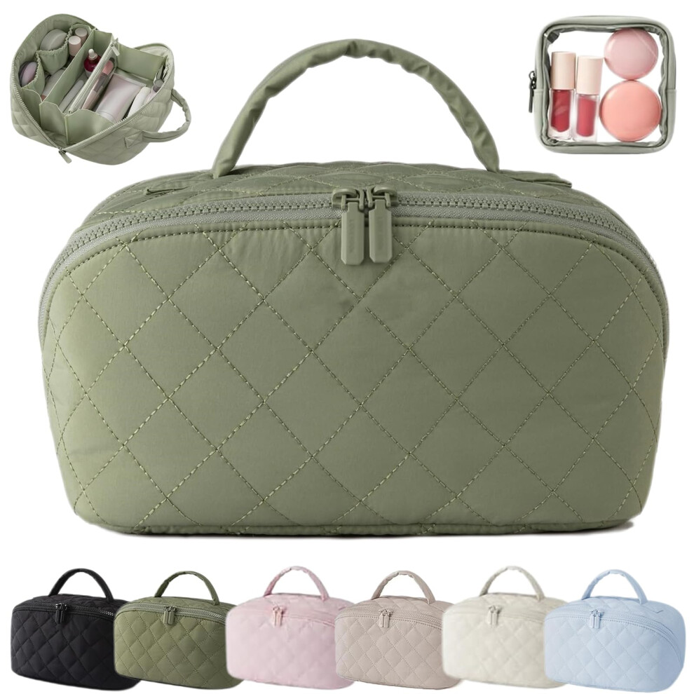 Green Large Capacity Waterproof Pu Leather Makeup Bag With 180 Layflat Design And 5 Compartments