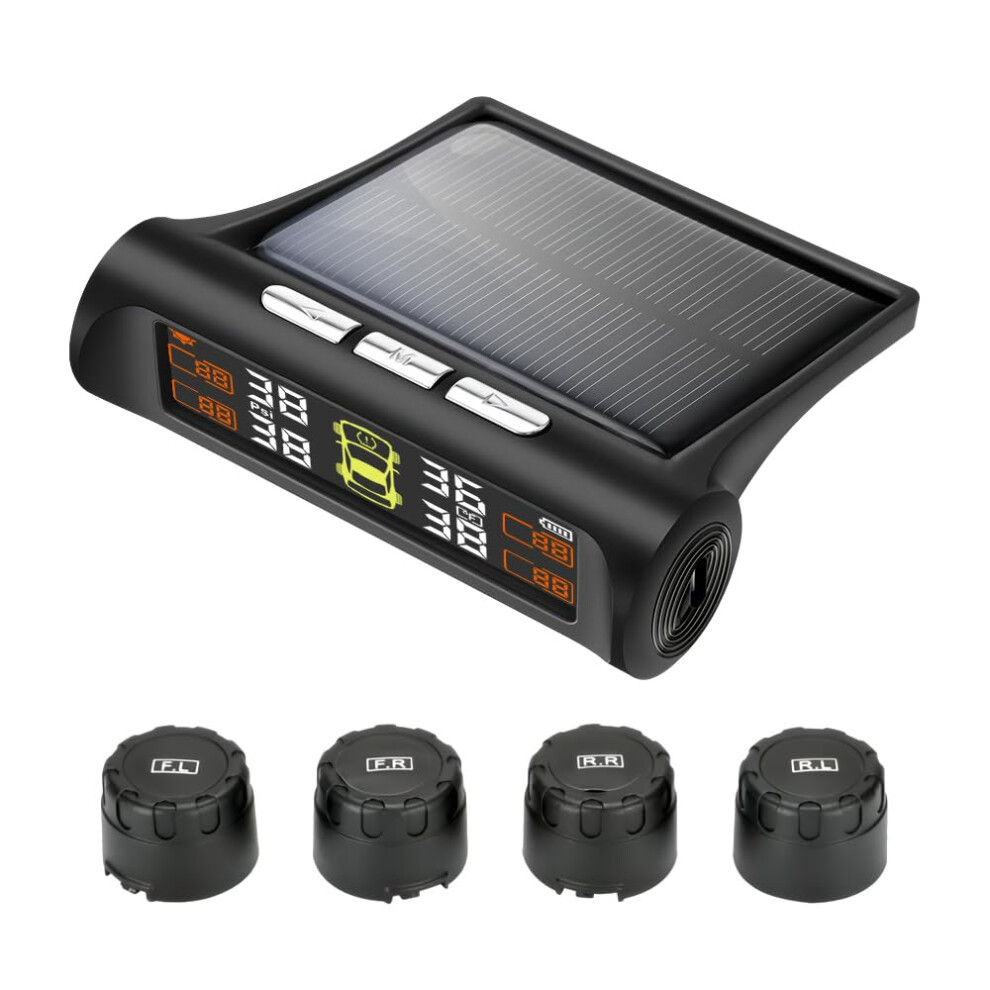 Tire Pressure Monitoring System With Solar And Usb Charging, 4 Sensors, Lcd Display, 5 Alarm Modes 9455672796989