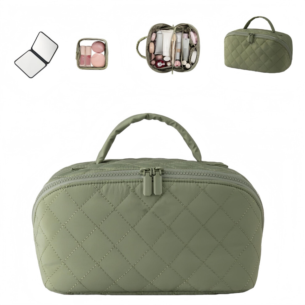 Green Travel Makeup Bag With Brush Organizer, Large Capacity Waterproof Cosmetic Case With Mirror,