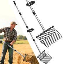 Heavy Duty Garden Pitchfork with Adjustable 53' NonSlip Handle, Steel Broadfork for Mulch and Hay