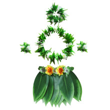3Pcs Green Hawaii Leaves Skirt Adjustable Waistband Tropical Party Set