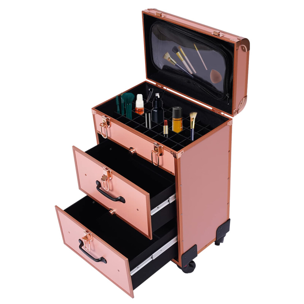 Rolling Makeup Case Large Capacity Lockable Cosmetic Trolley Aluminum Frame with Wheels for Artists