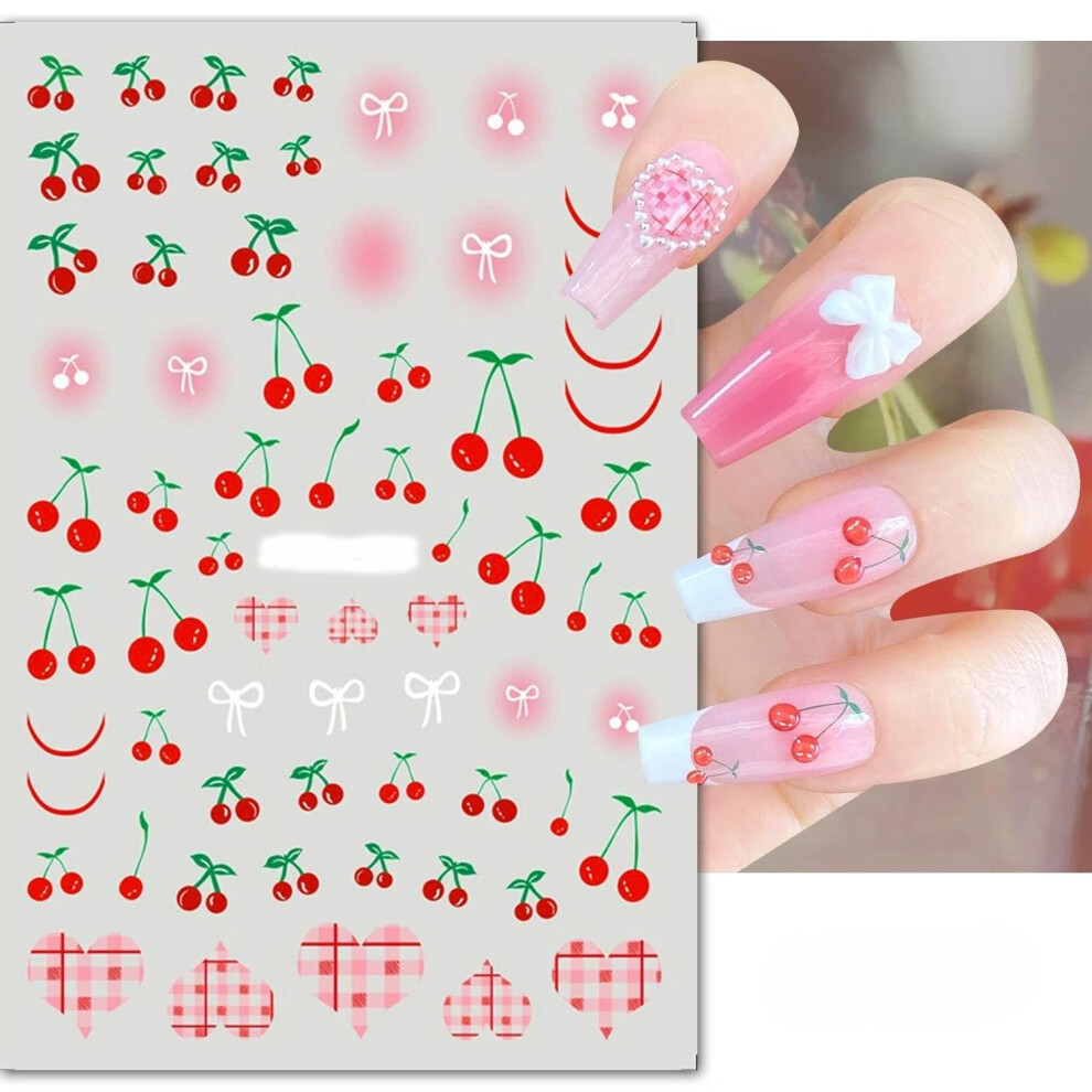 5 Sheets Cherry Nail Art Stickers 5D Rhinestone SelfAdhesive French Tip Waterproof Decals