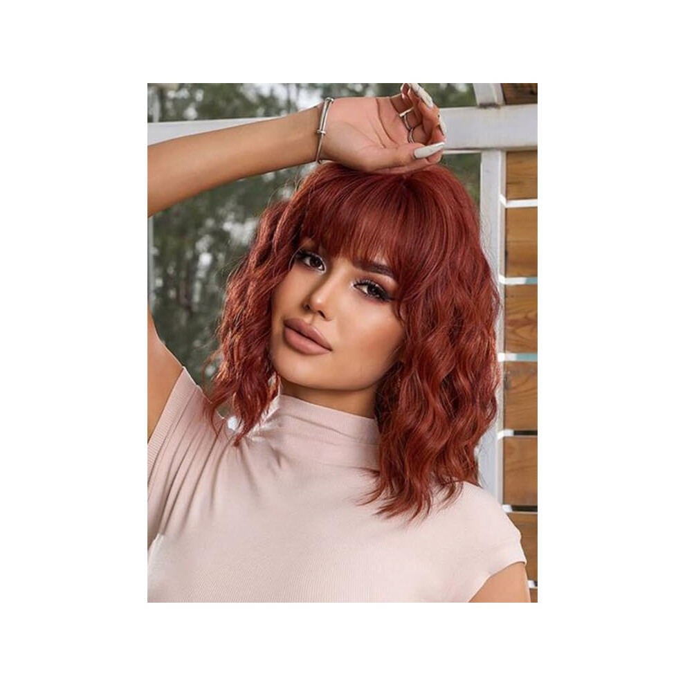 Unisex Ginger Bob Wig With Bangs, Short Wavy Heat Resistant Synthetic Hair, 12 Inch Layered Style