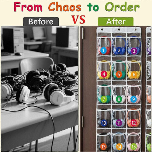 Classroom Headphone Storage Organizer W/ 30 Pockets, Pvc Clear Classroom Pocket 1