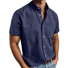 Men's Short Sleeve Linen Shirt Size M Blue Casual Beach Style With Pocket
