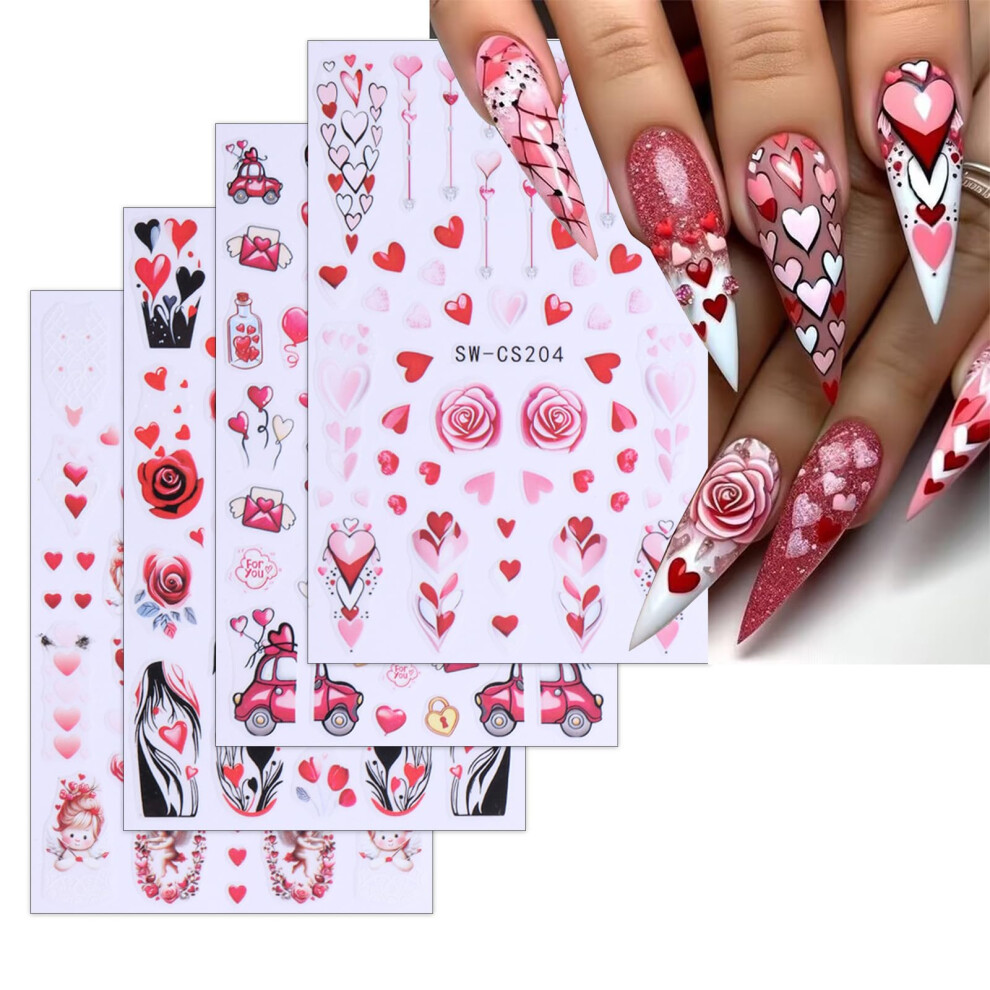 Valentine's Day Nail Stickers 3D Heart and Rose Decals with Cupid for Women DIY Romantic Nails