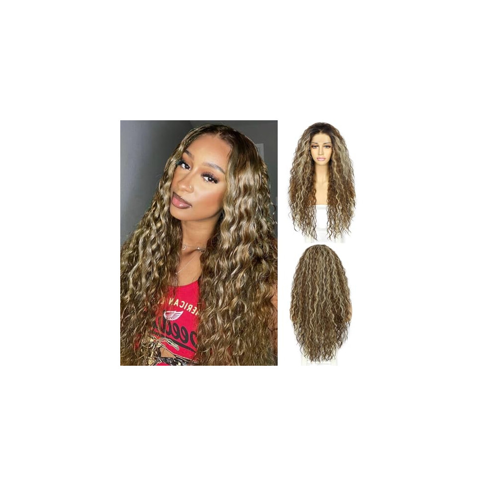 Unisex Brown Long Curly Lace Front Wig Heat Resistant Synthetic With Realistic Handtied Hairline