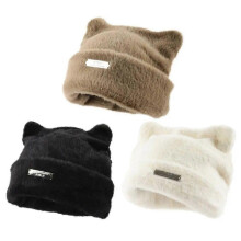 (Khaki)Beanie Hat With Iron Label Decorative Cute Warm Plush Cat Beanie With Ears Warm Winter Faux Fur Beanie Elastic Knitted Hat Women