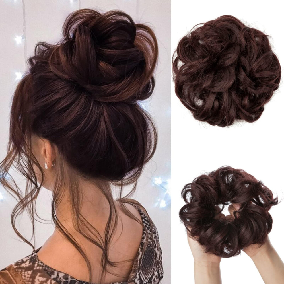 Unisex Red Messy Bun Hair Piece Dark Auburn With Curly Ponytail Extension For Women, Instant Volume Boost
