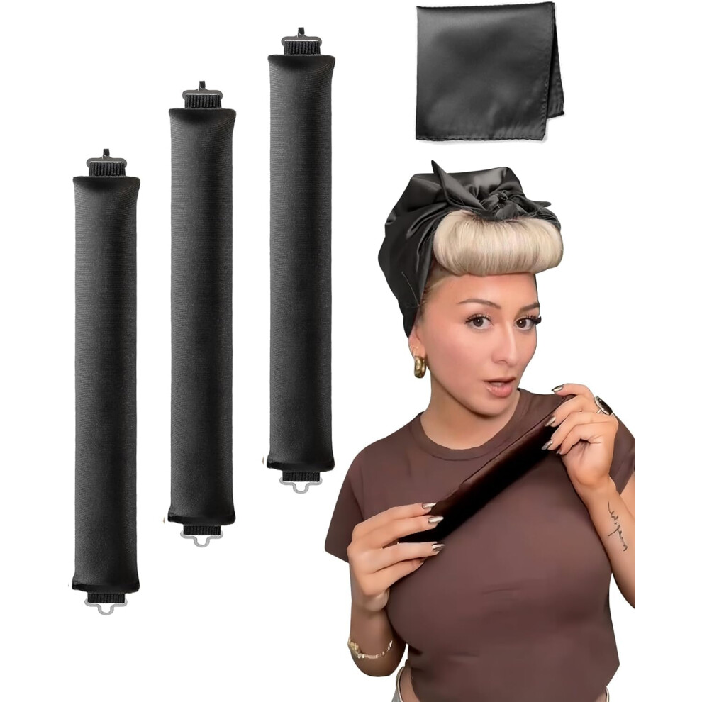 Black Heatless Velvet Jumbo Curling Rods Set For Overnight Curls, No Heat Satin Sleep Hair Rollers