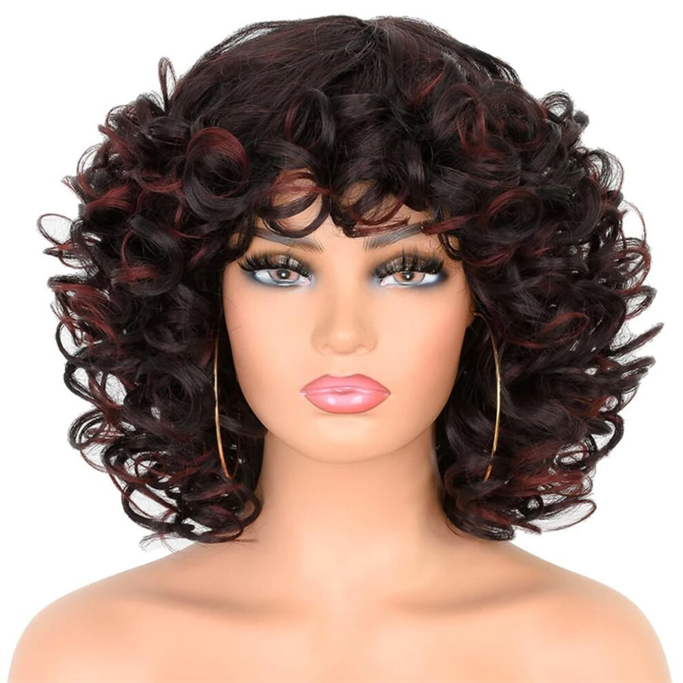 Afro Curly Wig with Bangs for Black Women, Short Burgundy Synthetic, Heat Resistant, 14 Inches