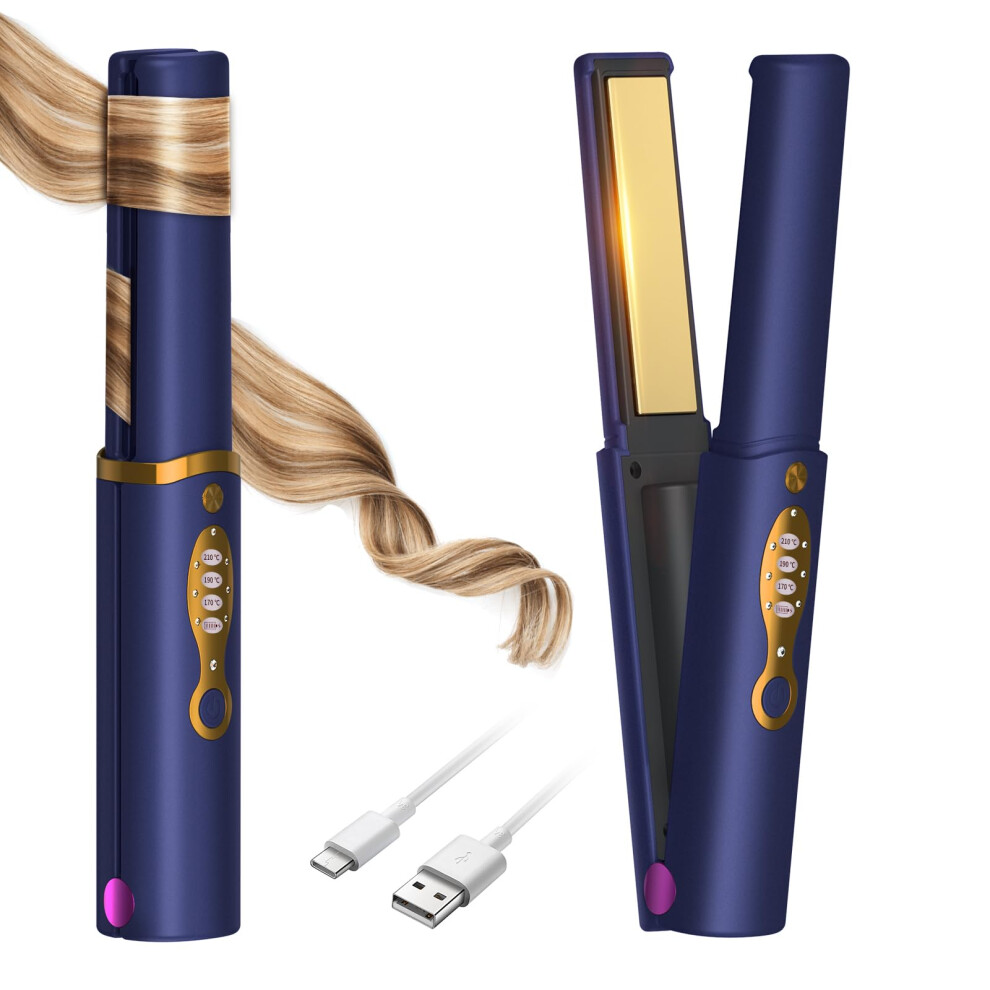 Cordless Hair Straightener and Curler 2 in 1 Titanium, Fast Heating, Rechargeable Travel Purple Blue