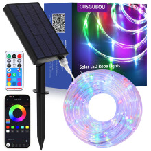 Solar LED Rope Lights 33FT 16 Million Colors with Solar and USB Charging, Music Sync, IP67 Waterproof for Garden, Trampoline, Christmas Decor