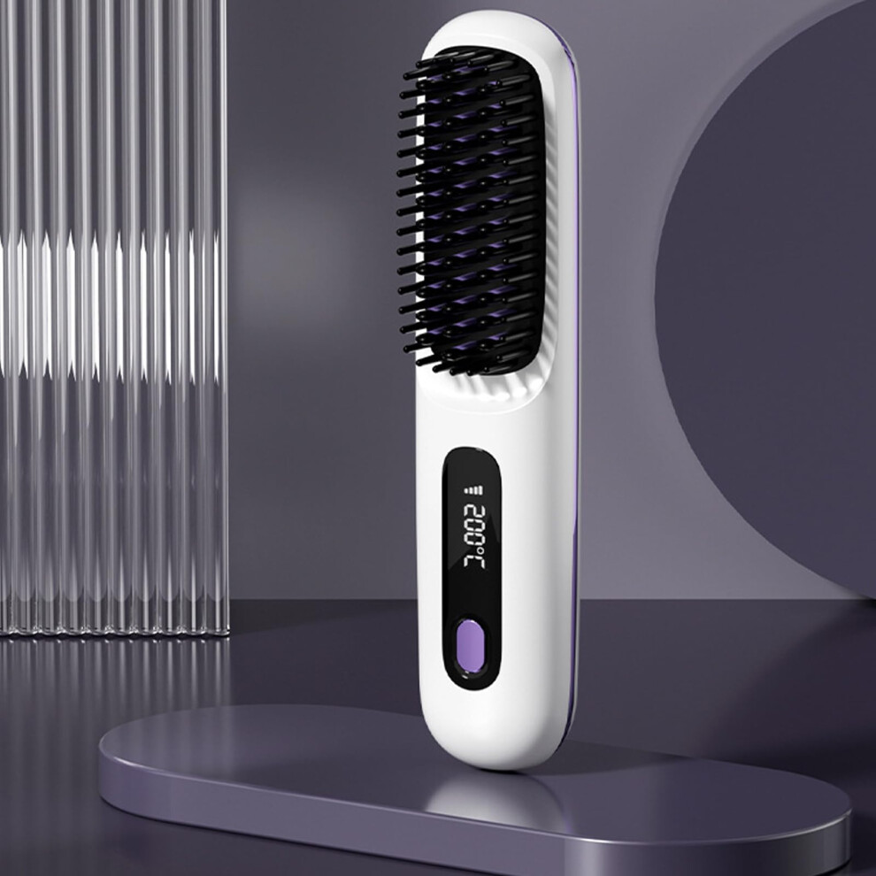 White Cordless Ceramic Hair Straightening Brush With Lcd Display, Usb Rechargeable Ionic Comb,