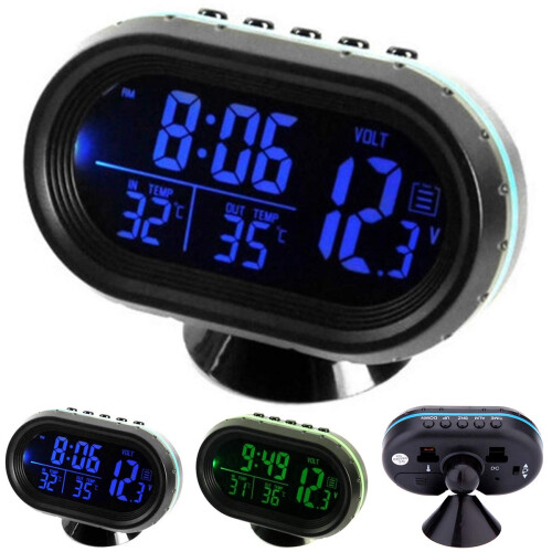 Car Digital Thermometer Clock with Dual Temperature Display and Voltage Meter 12V 24V Blue Backlight