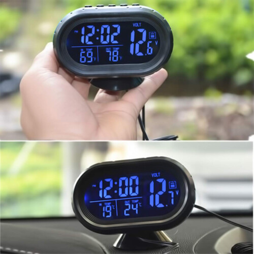Car Digital Thermometer Clock with Dual Temperature Display and Voltage Meter 12V 24V Blue Backlight 2