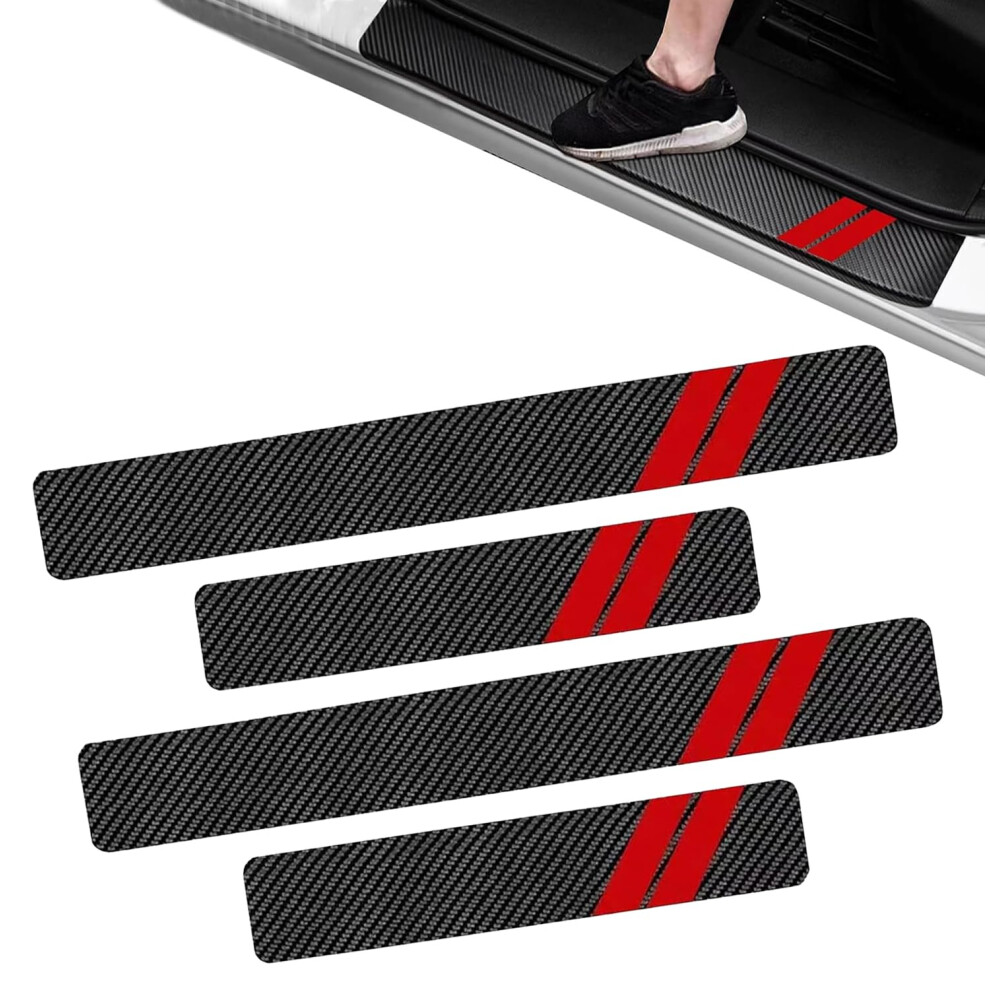 4Pcs Car Door Sill Protector, Carbon Fiber Pu Leather Antiscratch Guard Stickers Universal Red 9070919951558