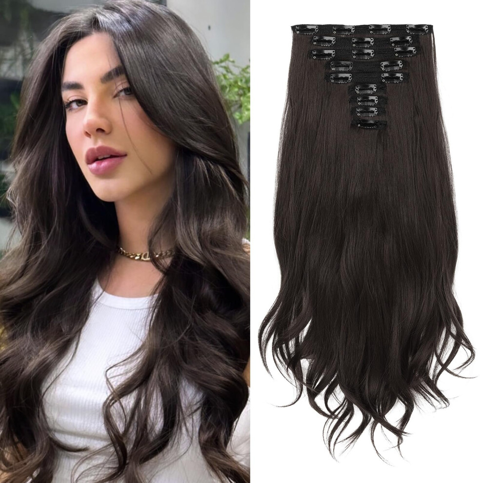 Clip in Hair Extensions 20 Inch Long Wavy Synthetic Hair for Women with Natural Layered Waves
