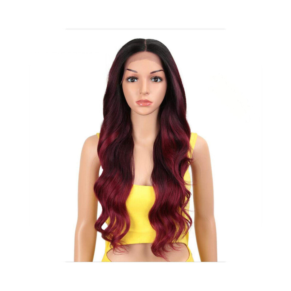 Unisex Black 28 Inch Ombre Blonde Synthetic Wavy Lace Front Wig With Natural Hairline For Women