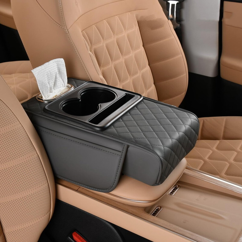 Car Armrest Organizer 5In1 Pu Leather Pad With Cup Holder And Storage Pockets For Cars Gray 9455672799423