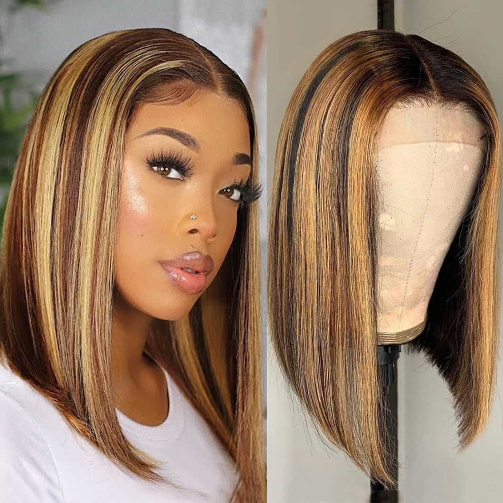 Lace Front Human Hair Wig Short Bob 13x4x1 HD Transparent Ombre P4/27 Highlight Straight 12 Inch