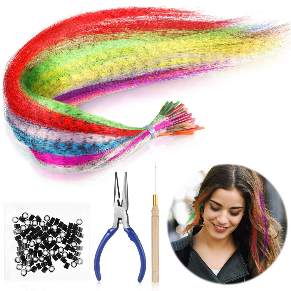 Feather Hair Extensions Kit with 13 Colors Synthetic Strands, Micro Beads, Needle and Plier Set