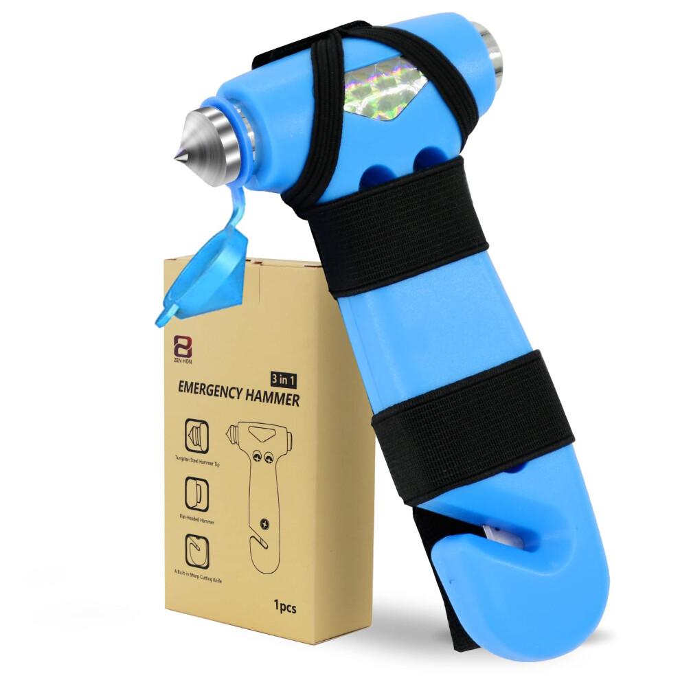 3In1 Car Safety Hammer With Seatbelt Cutter And Heavyduty Window Breaker, Emergency Auto Escape Tool With Reflective Strap Blue 9070919953552