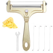 Cheese Slicer Kit with Adjustable Thickness Iron Wire Cutter and 4 Extra Wires for Hard and Soft Cheese (Gold)