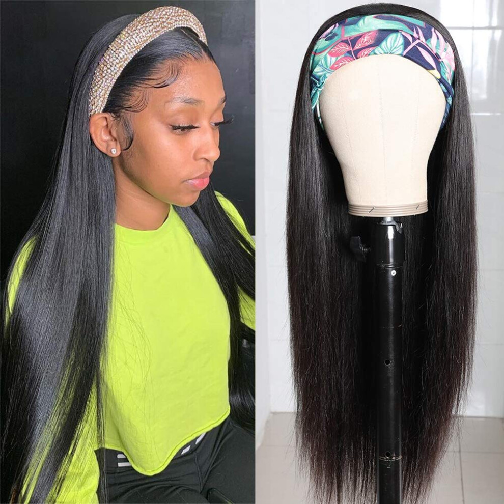 28 Inch Straight Headband Wig Human Hair for Black Women, 160% Density Glueless Natural Color
