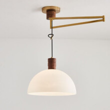 Mid Century Modern Swing Arm Pendant Light with Milk Glass Shade, Large Wood Ceiling Lamp E27