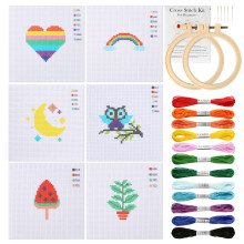 Pllieay Cross Stitch Beginner Kit for Kids 7-13, Includes 6 Project Patterned and 2pcs Embroidery Hoops, 12 Skeins, Needle Point Starter Kit Sewing
