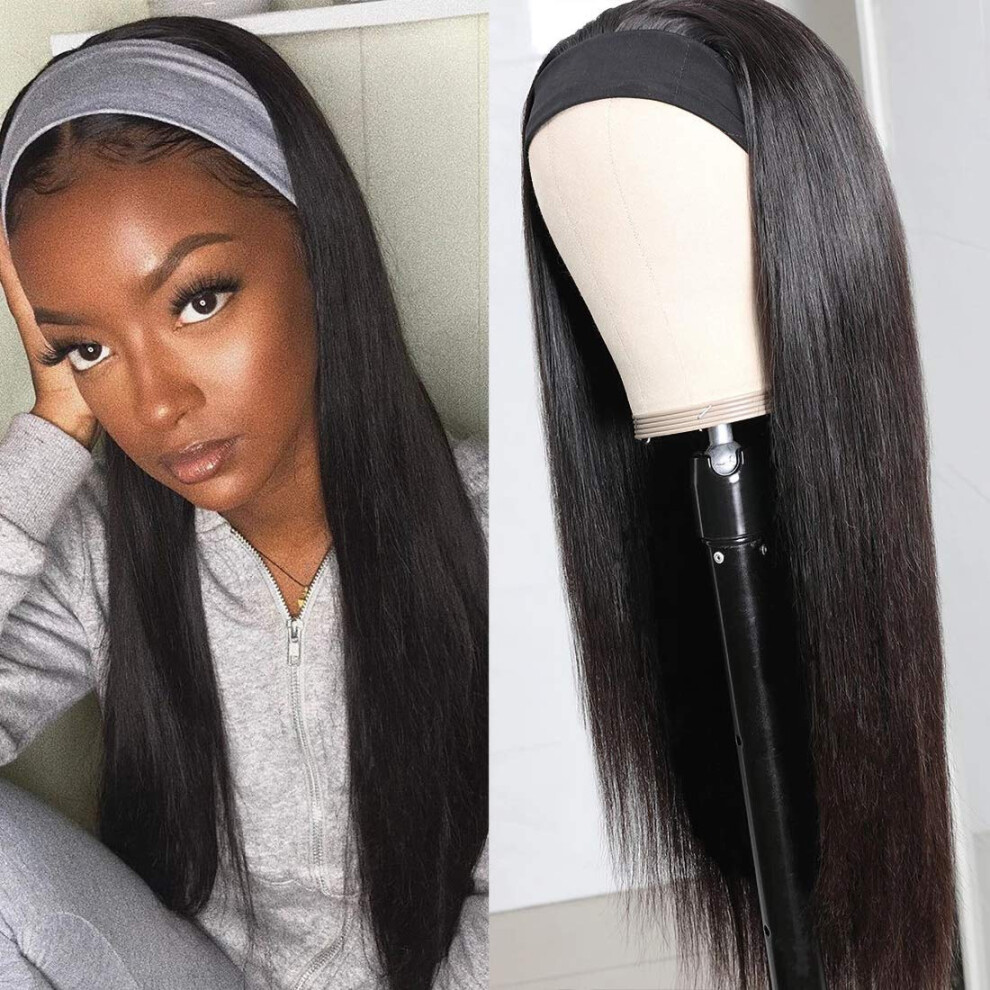 Unisex Black Headband Wig Human Hair Glueless 360 Brazilian Straight For Women With Natural Hairline