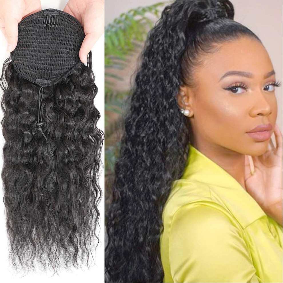Unisex Black Human Hair Ponytail Extension Kinky Curly Drawstring Afro Style For Women 12 Inch