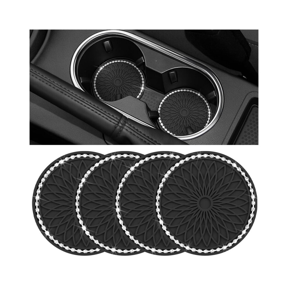4Pcs Bling Car Cup Holder Coasters With Crystal Rhinestones, Nonslip Universal Fit Mats Black 9053599128359