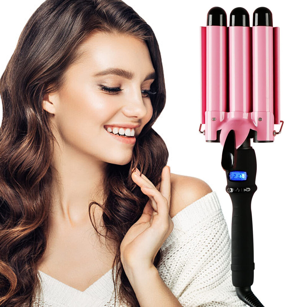 3 Barrel Curling Iron 1.25 Inch Ceramic Hair Waver with LCD Temp Display and Adjustable Heat